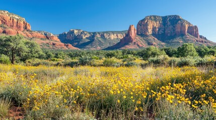Sedona Arizona Scenic Landscape Vibrant Yellow Wildflowers Blooming in Front of Red Rock Formations