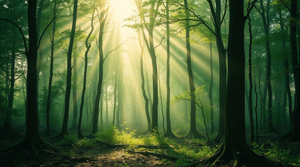 Fototapeta premium Mgła unosząca się w gęstym lesie