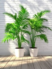 Obraz premium Modern Office Space with Green Plants Against Brick Wall