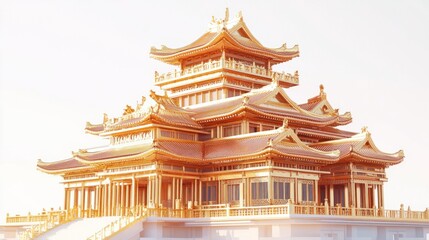 Obraz premium 3D animated Golden Palace exterior featuring detailed craftsmanship, golden textures, and tiered roofs, presented on a simple white backdrop