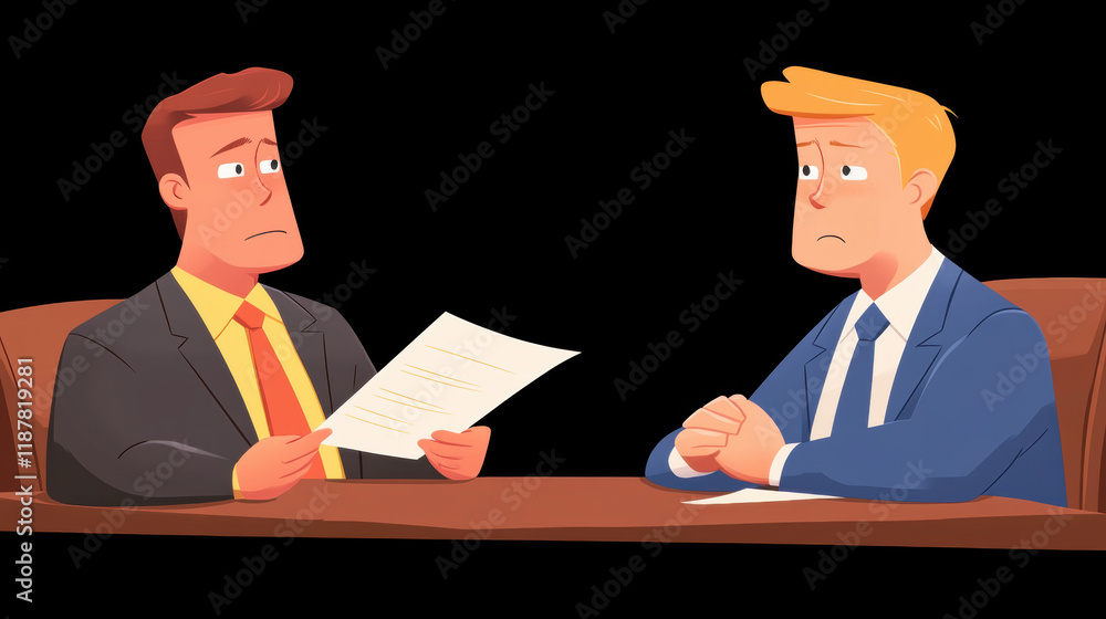 Poster two animated men are seated at a table, one holding a document while the other listens intently, sug