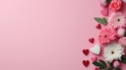 Fototapeta premium Colorful Floral Arrangement with Hearts and Candies on Pink Background for Valentine's Day Celebration