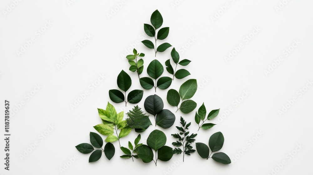Poster diverse green leaves arranged in triangular shape on white background