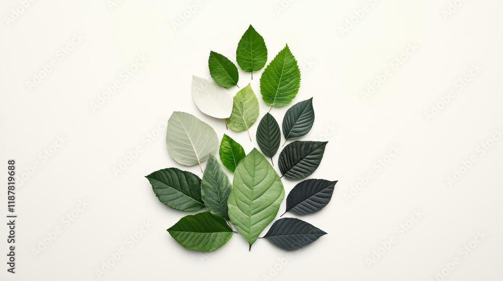 Poster diverse green leaves arranged on light background in gradient pattern