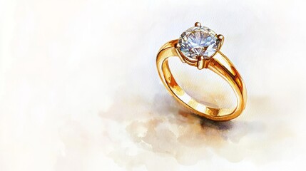 Elegant ring illustration, precious metal hues, delicate watercolor shading, harmonious color blend, refined artistic technique, gentle paint strokes, pristine white backdrop, sophisticated jewelry