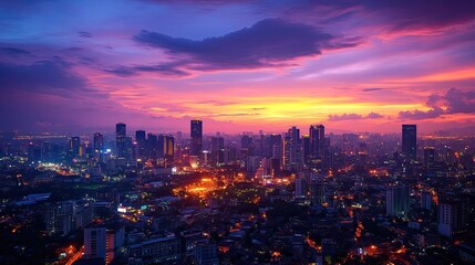 Experience a stunning panoramic view of a vibrant cityscape at sunset, with warm tones in the sky casting a golden glow over the urban skyline. --