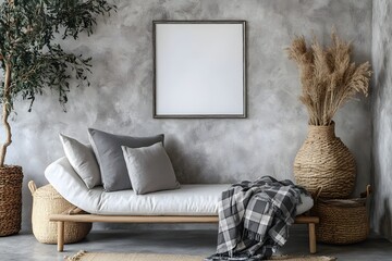 Modern Interior Design Mockup Illustration, Grey Textured Wall Background, Wooden Daybed with Pillows and Blanket,  Woven Baskets and Dried Pampas Grass