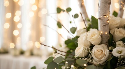Elegant wedding reception setup, silver birch tree branches with led lights, cream white floral garlands, white draped tablecloth, ethereal white room interior, sage green foliage, white roses
