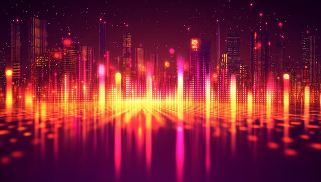 Vibrant futuristic city skyline reflected in water with glowing audio wave equalizer.