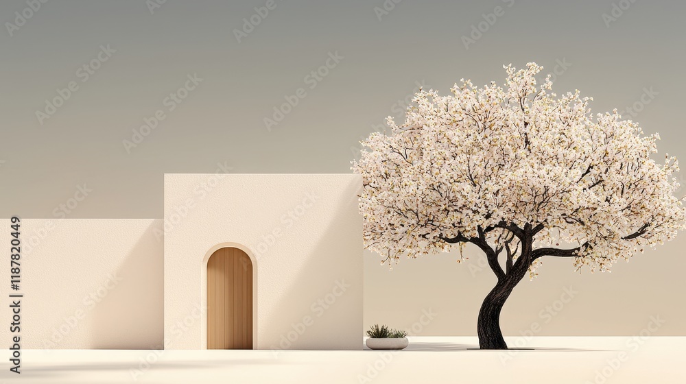 Aufkleber serene minimalist architecture with blossom tree and soft background in modern design
