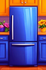 Modern Cartoon Kitchen with Colorful Refrigerator