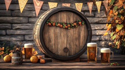 Fototapeta premium Autumnal beer festival scene with wooden barrel, beer mugs, and fall decorations.