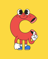 Cartoon character letter C with happy expression and pointing thumb retro hand drawn style illustration