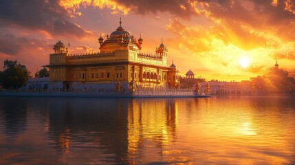 Obraz premium A luxurious golden palace radiates elegance, set against a tranquil background of serene waters and a vibrant, colorful sunset