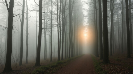Fototapeta premium A misty forest path surrounded by tall trees, with soft sunlight filtering through the fog. The path is lined with fallen leaves, and the scene has a soft, dreamy focus, evoking a sense of mystery and