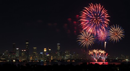Fireworks Celebration Over City Skyline Urban Festival Nighttime Spectacle Vibrant Atmosphere Aerial View Joyous Event