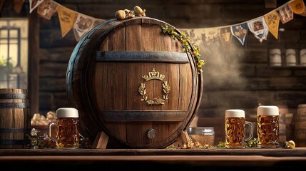 Naklejka premium Wooden beer barrel with mugs on rustic table.