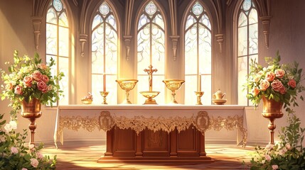 Fototapeta premium Holy sacrament celebration artwork, traditional church elements, ornamental gothic windows, sacred vessels in warm copper tones, classic religious texts, rosary details, botanical arrangements with