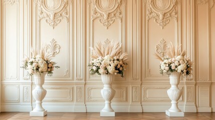 Classic french interior architecture, ornate wall paneling with fleur de lis motifs, cream colored decorative moldings, baroque style wall sculptures, herringbone wood flooring, white marble urns