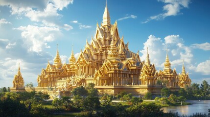 Fototapeta premium A majestic golden palace stands proudly, its gleaming surface reflecting sunlight, with a lush green landscape and clear blue skies in the background