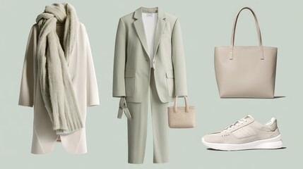 A modern capsule wardrobe with pale green, white, beige, and light grey tones, featuring blazers, sneakers, a tote bag, and a scarf, with soft shadows and refined text overlay