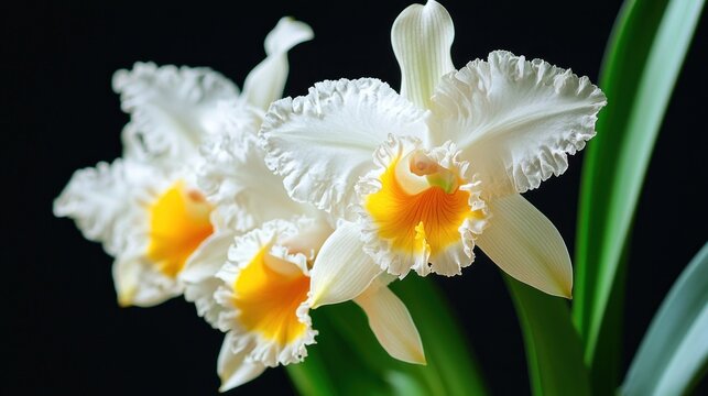 Exquisite White and Yellow Cattleya Orchid Flowers Close up Photography