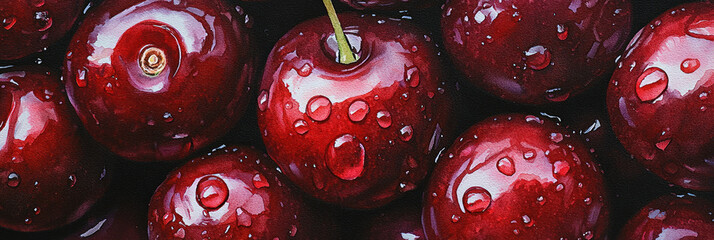 A close up watercolor painting of juicy, dark red cherries with glossy surfaces and small droplets on their surfaces, generative AI