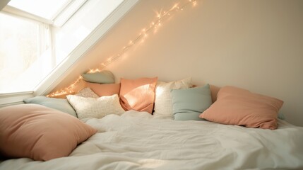 Cozy attic bedroom with sloped ceilings and ambient fairy lights for peaceful retreat