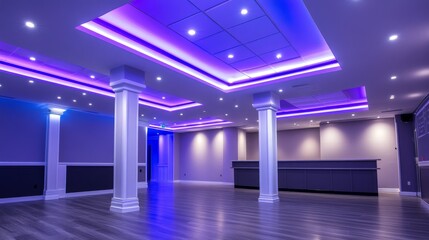 spacious commercial venue, modern ceiling fixtures, geometric lighting design, sleek interior design, commercial grade flooring, white architectural pillars, recessed ambient lighting, minimal