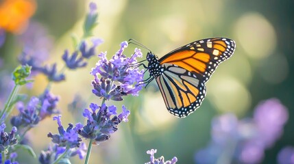 Obraz premium Monarch Butterfly on Lavender Flowers in a Garden Summer Nature Scene