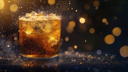luxury beverage photography, effervescent golden liquid, cosmic light particles, pristine glass reflections, dark elegant background, floating sparkles, premium celebration scene, glowing atmosphere,