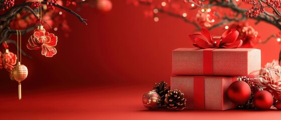 Red background with gift box and flowers, Chinese elements