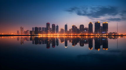 Obraz premium City skyline reflection at dawn, illuminated skyscrapers reflected on tranquil water