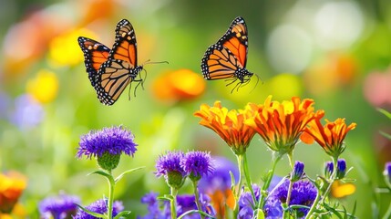 Obraz premium Two Monarch Butterflies Flying Over Vibrant Summer Flowers in a Sunny Garden