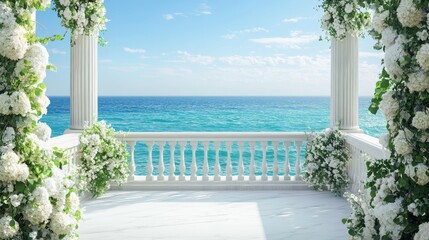 seaside wedding ceremony, pristine white floral installations, marble columns balcony, azure ocean backdrop, billowing white fabric, fresh greenery accents, luxury coastal venue, summer wedding