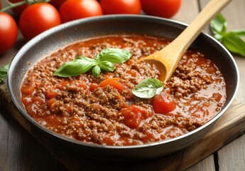 Delicious Home-Cooked Meat Sauce with Fresh Basil, Juicy Tomatoes, and Ground Beef Perfect for Pasta Dishes and Comfort Meals