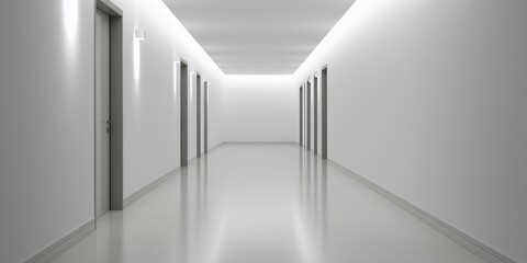 A minimalist hallway with soft lighting and white walls evokes a sense of calm and clarity, guiding the viewer's gaze through a tranquil and serene architectural space.