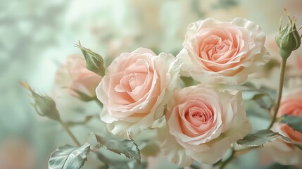 Obraz premium delicate floral arrangements, soft pink roses, sage green leaves, botanical illustration style, romantic flower clusters, pastel color palette, elegant rose bouquets, watercolor art effect, gentle