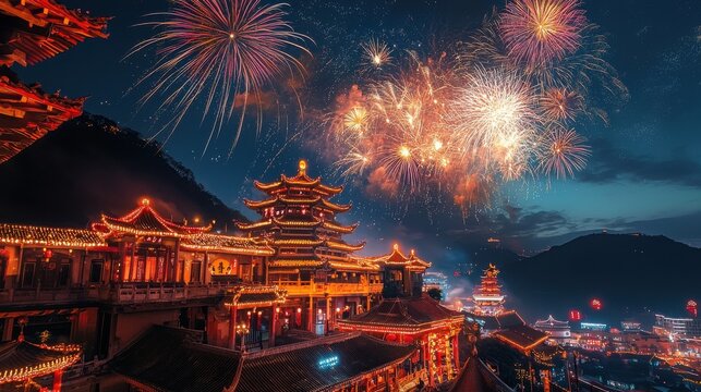 Fireworks Over Traditional Temple