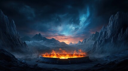 Dramatic Mountain Landscape with Fiery Lava Pool Under a Dark Stormy Sky at Dusk