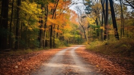 Naklejka premium Autumnal Forest Road A Scenic Path Through Colorful Trees
