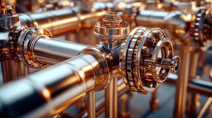 Fototapeta premium A visually stunning pipe and valve system with metallic finishes and an intricate network, photographed with precision against a plain background