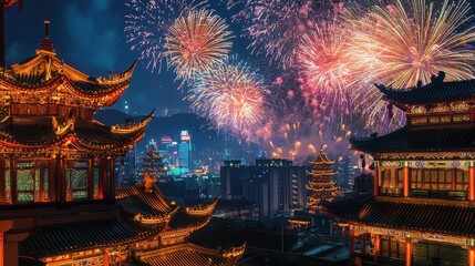 Fototapeta premium Fireworks Over Traditional Temple