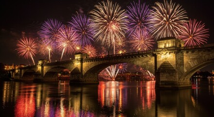 Fototapeta premium Spectacular Fireworks Display Over Historic Bridge Nighttime Celebration Cityscape Captivating View Festive Atmosphere