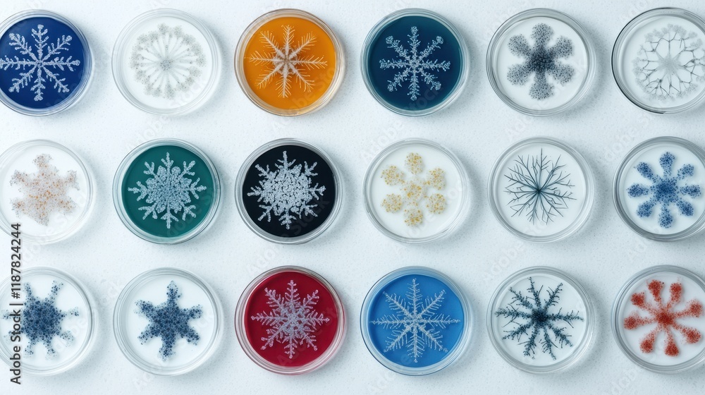 Poster Colorful Snowflake Patterns in Round Containers on White Background