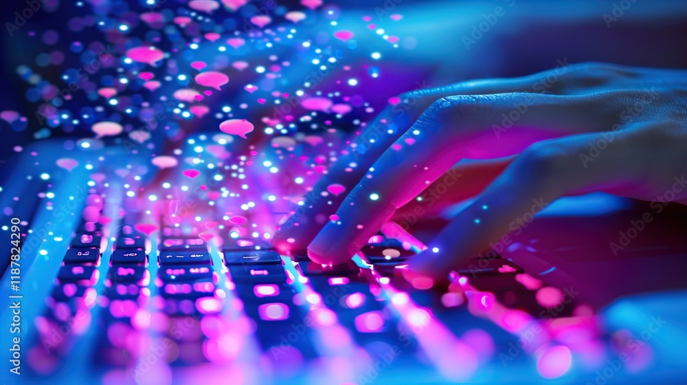 Aufkleber typing on keyboard with real-time messaging symbols and chat bubbles visualization