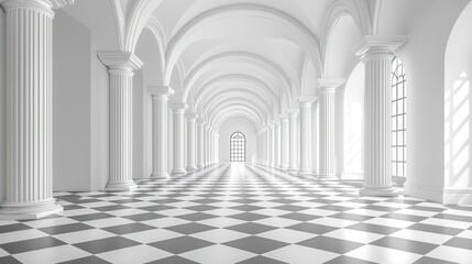Elegant white corridor with checkered floor.