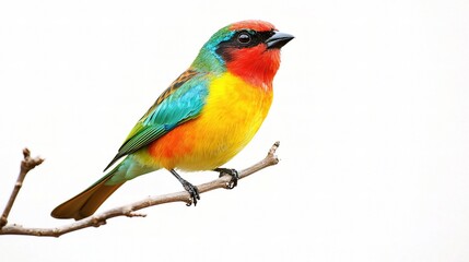 Obraz premium Colorful Bird Perched on Branch Against Isolated White Background