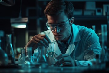 Focused chemist conducting research in a laboratory, carefully testing solutions and analyzing results for scientific advancements.






