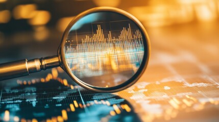 Magnifying glass analyzing stock market graphs with financial data visualization